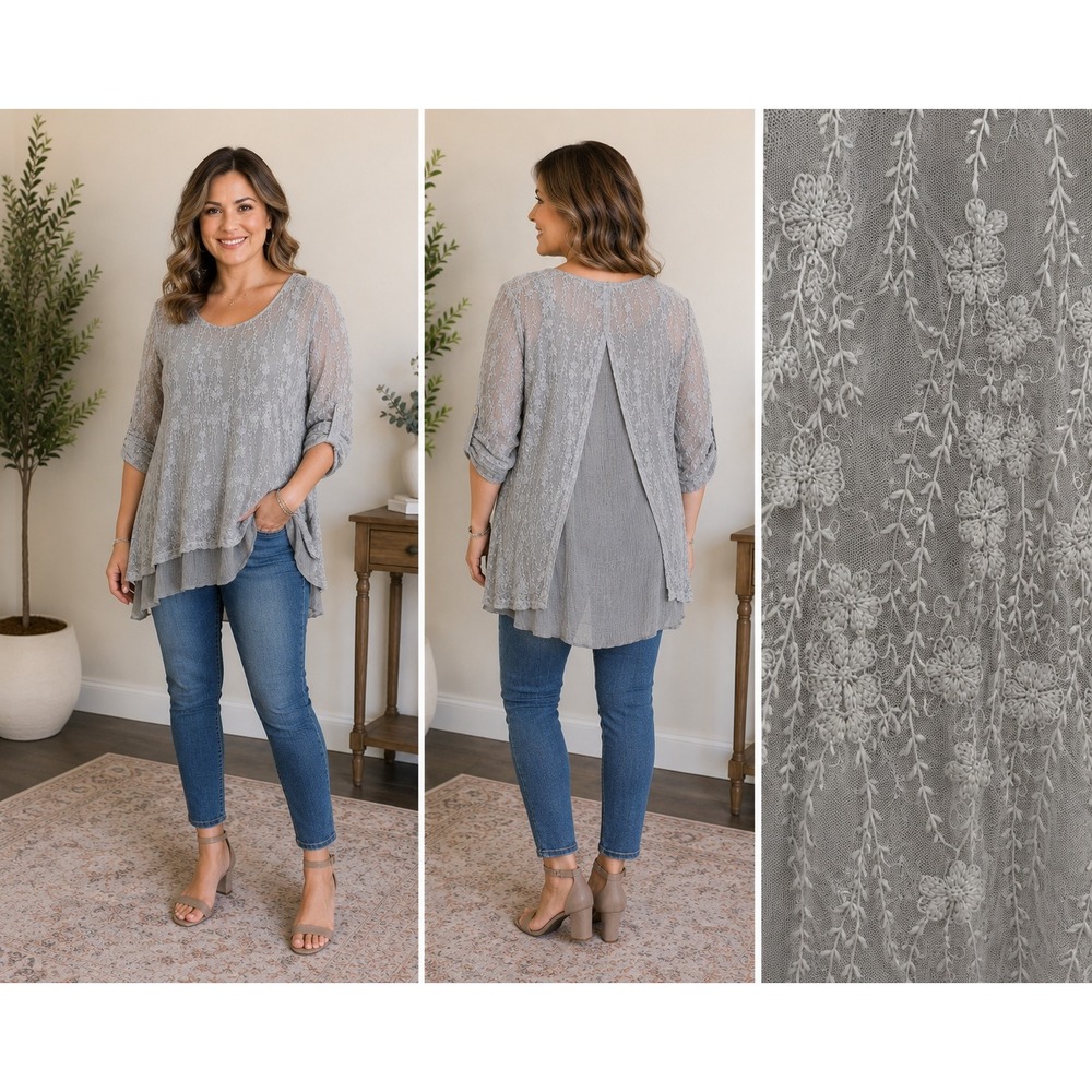 Gray Embroidered Lace Blouse Layered L Roll Tab Sleeve Boho Romantic Cottagecore